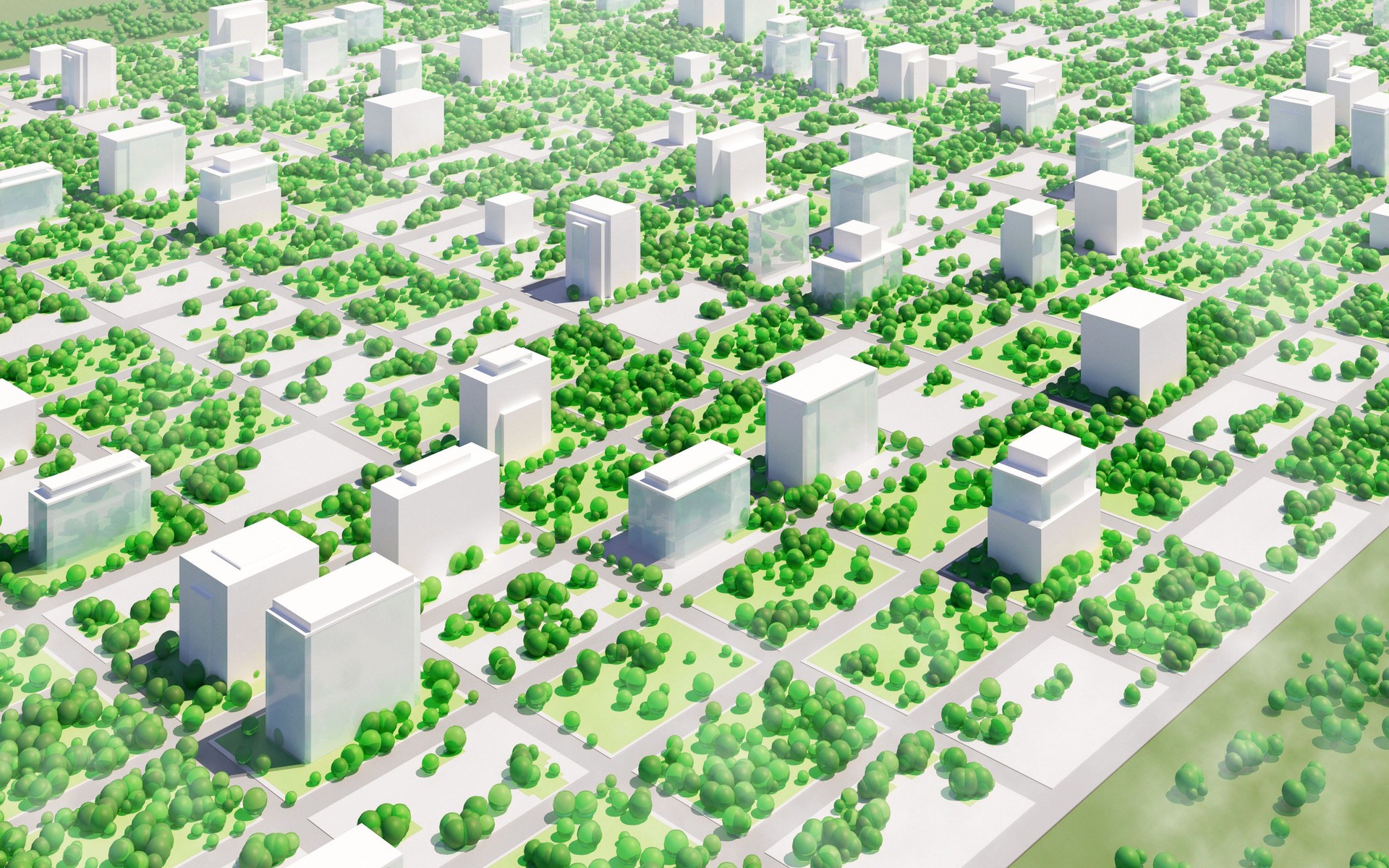 Garden city: commercial district with office buildings surrounded forest